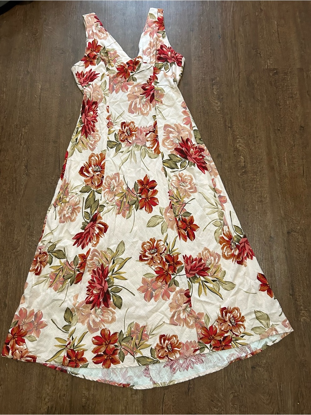 Anthropologie Paper Heart Maxi Dress with Red & Pink Floral Print linen blend